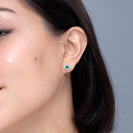Vintage Round Lab-Created Emerald with Moissanite Halo Stud Earrings