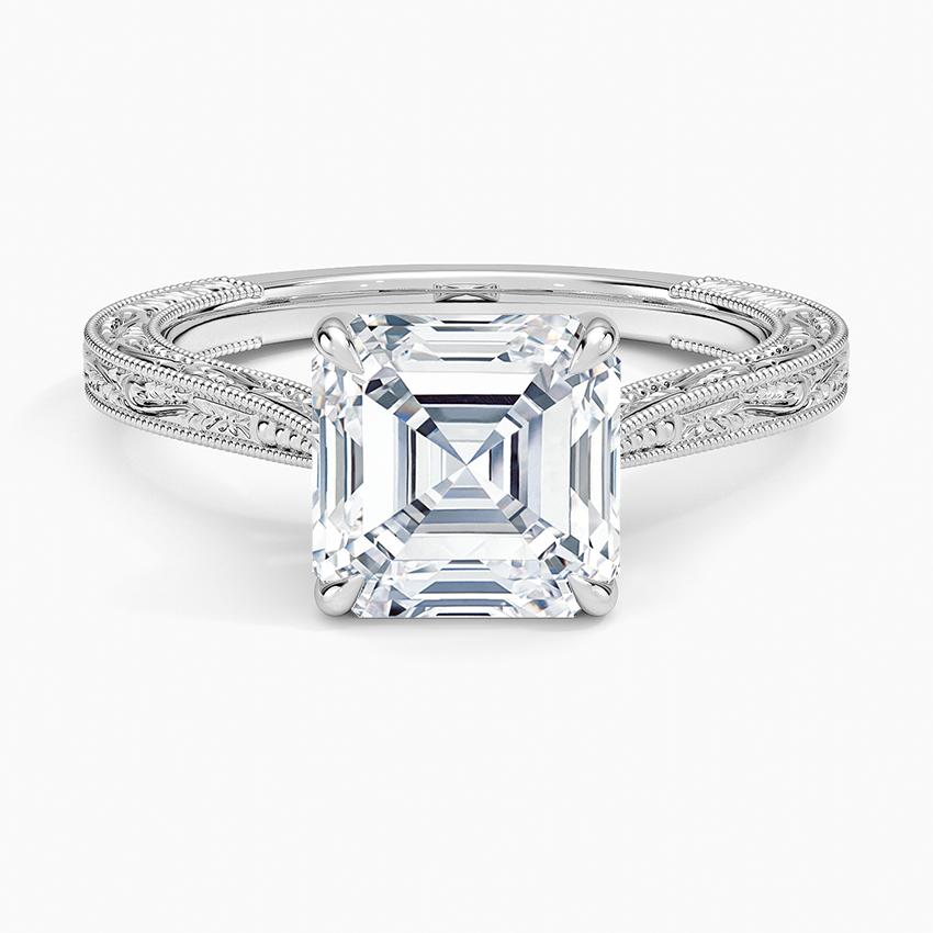 Vintage Engraved Asscher Cut Moissanite Engagement Ring