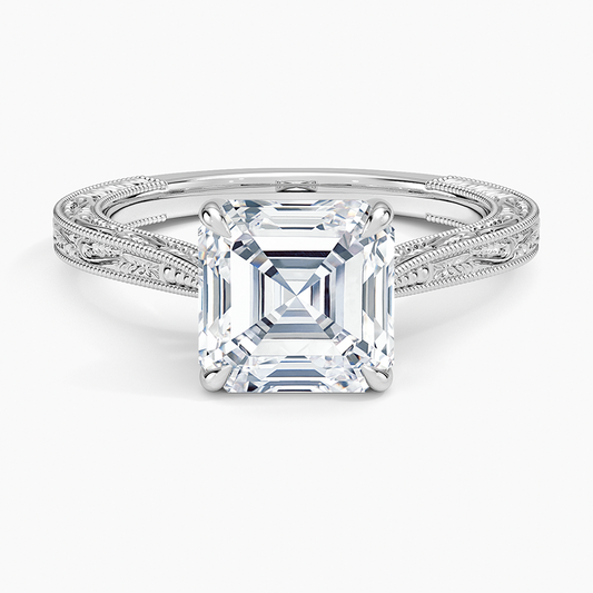 Vintage Engraved Asscher Cut Moissanite Engagement Ring