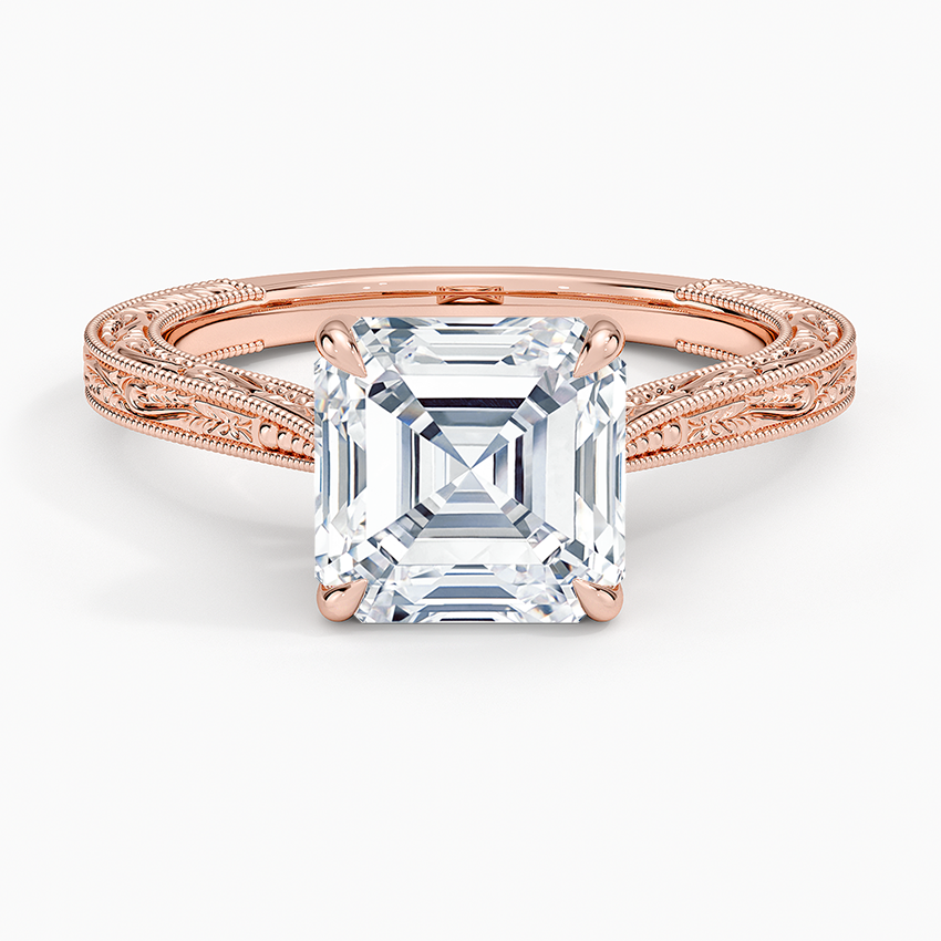 Vintage Engraved Asscher Cut Moissanite Engagement Ring