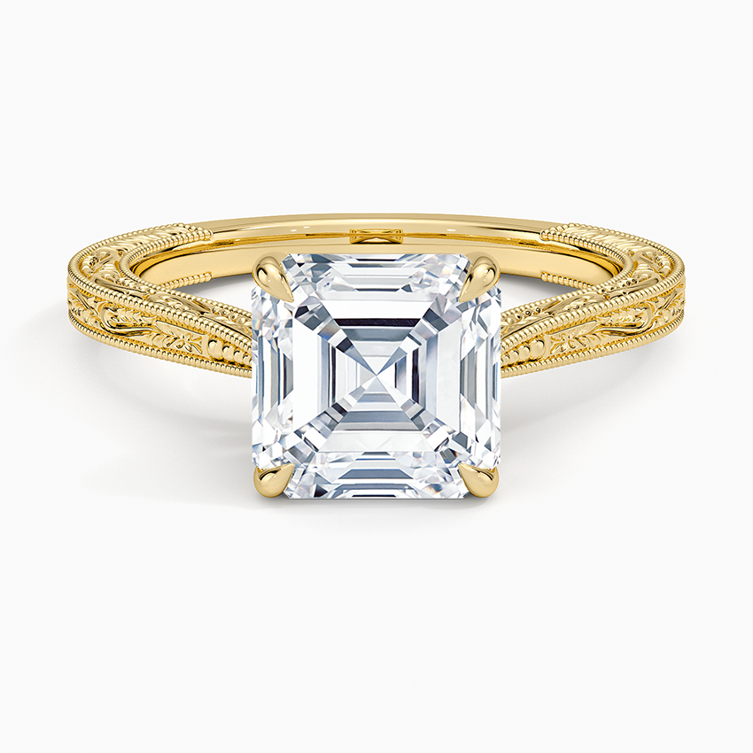 Vintage Engraved Asscher Cut Moissanite Engagement Ring