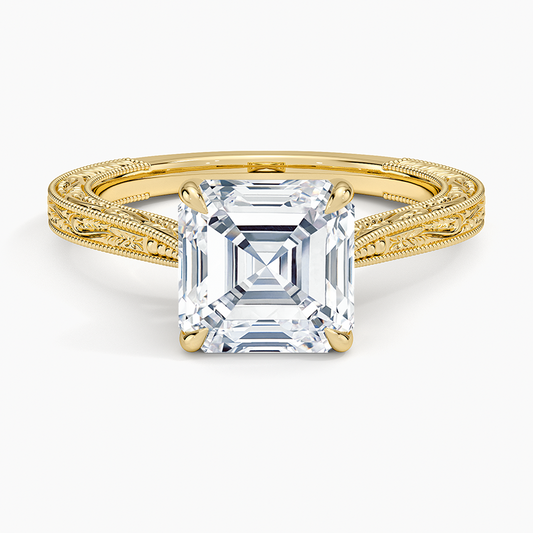 Vintage Engraved Asscher Cut Moissanite Engagement Ring