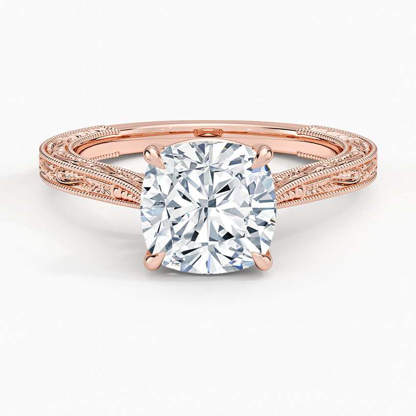 Vintage Engraved Cushion Cut Moissanite Engagement Ring