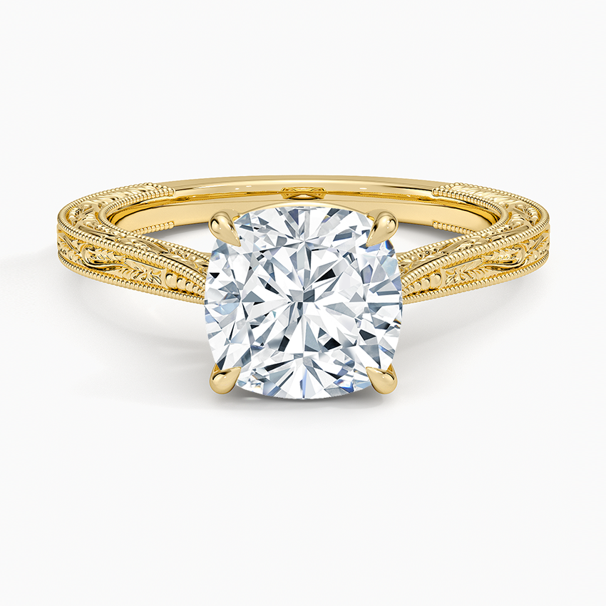 Vintage Engraved Cushion Cut Moissanite Engagement Ring