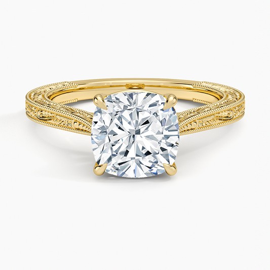 Vintage Engraved Cushion Cut Moissanite Engagement Ring