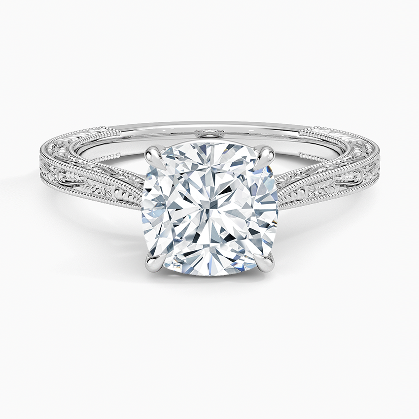 Vintage Engraved Cushion Cut Moissanite Engagement Ring