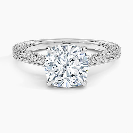 Vintage Engraved Cushion Cut Moissanite Engagement Ring