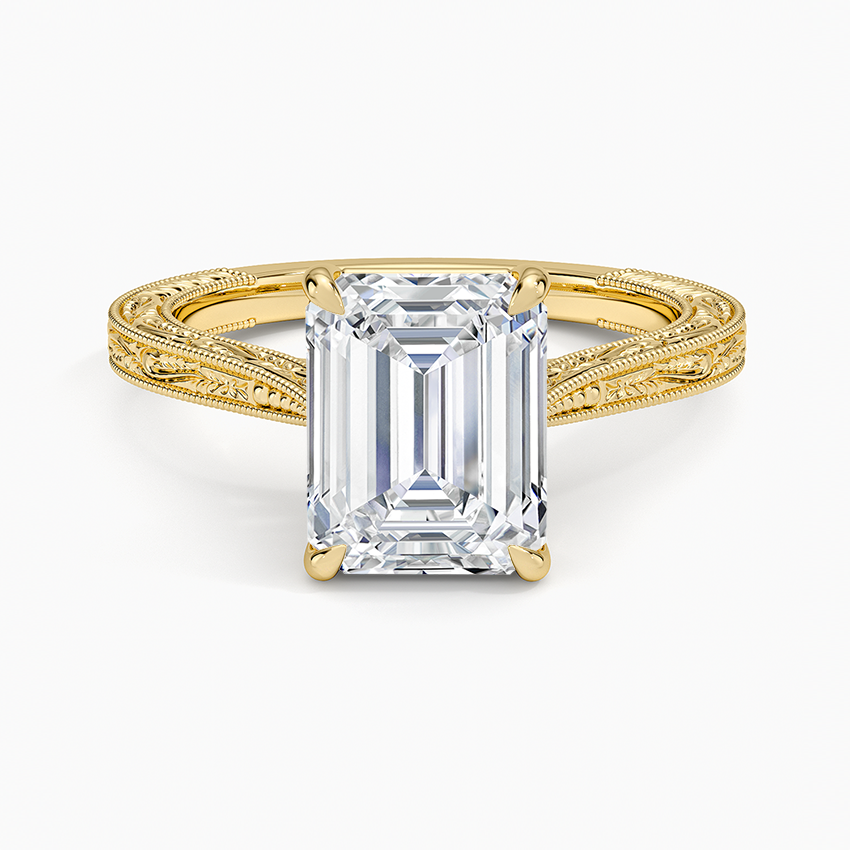 Vintage Engraved Emerald Cut Moissanite Engagement Ring