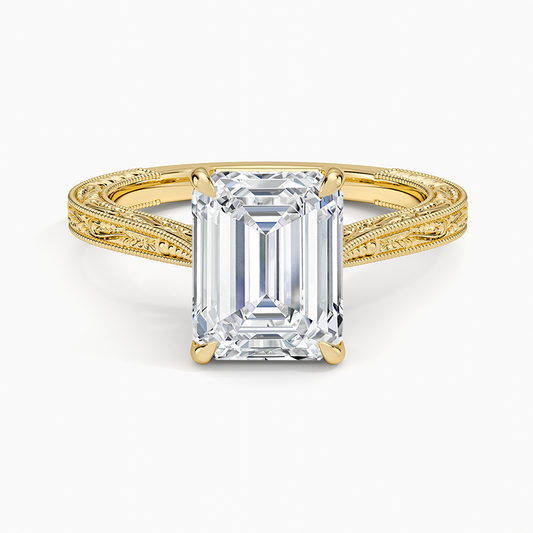 Vintage Engraved Emerald Cut Moissanite Engagement Ring