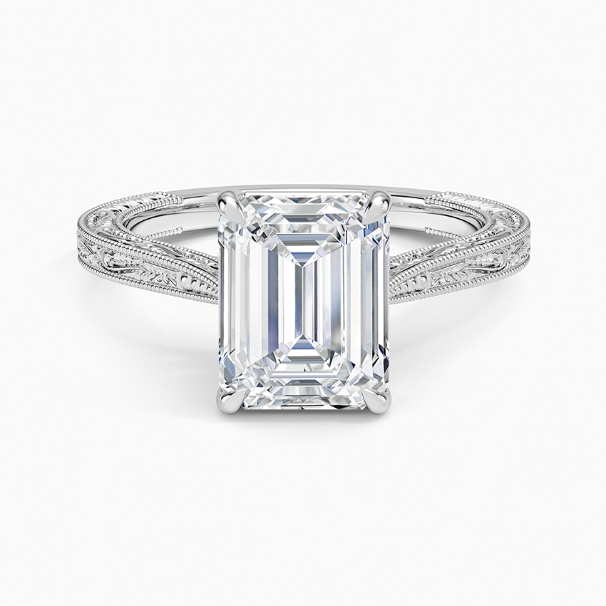 Vintage Engraved Emerald Cut Moissanite Engagement Ring