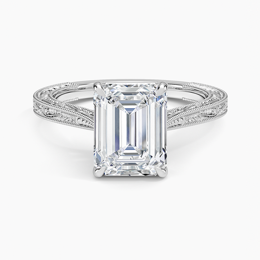 Vintage Engraved Emerald Cut Moissanite Engagement Ring