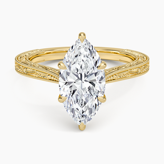 Vintage Engraved Marquise Cut Moissanite Engagement Ring