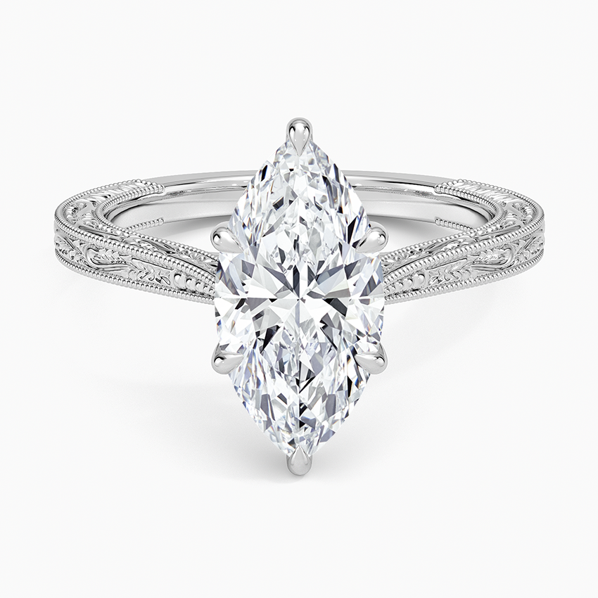 Vintage Engraved Marquise Cut Moissanite Engagement Ring
