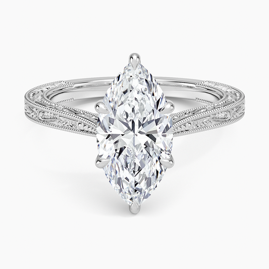 Vintage Engraved Marquise Cut Moissanite Engagement Ring