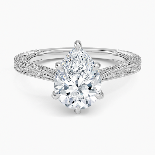 Vintage Engraved Pear Cut Moissanite Engagement Ring