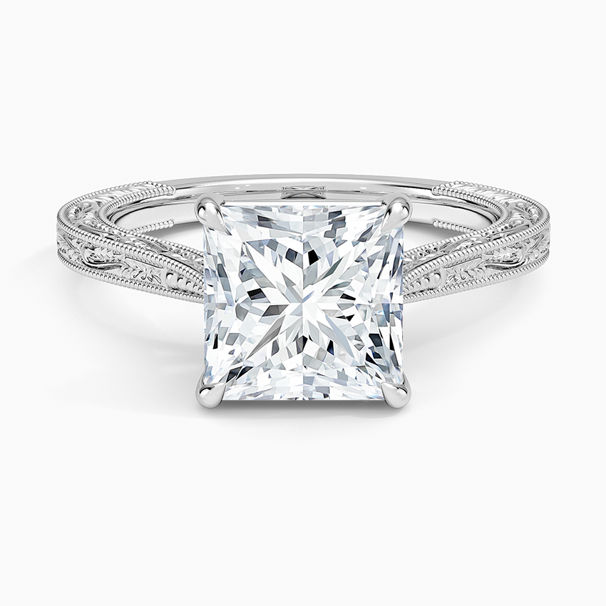 Vintage Engraved Princess Cut Moissanite Engagement Ring