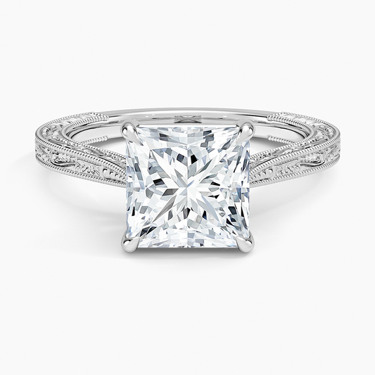 Vintage Engraved Princess Cut Moissanite Engagement Ring