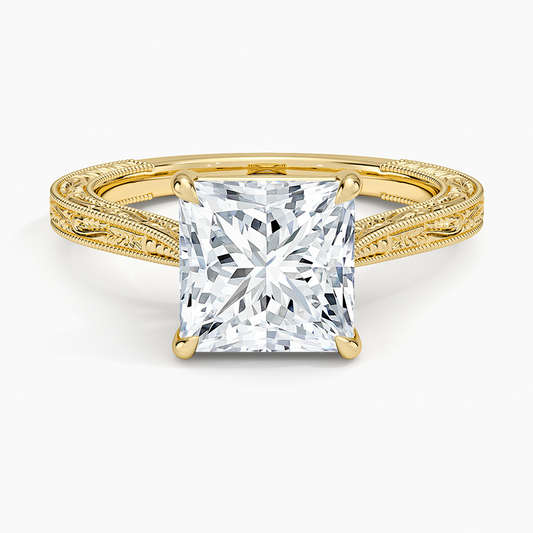 Vintage Engraved Princess Cut Moissanite Engagement Ring