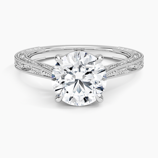 Vintage Engraved Round Cut Moissanite Engagement Ring