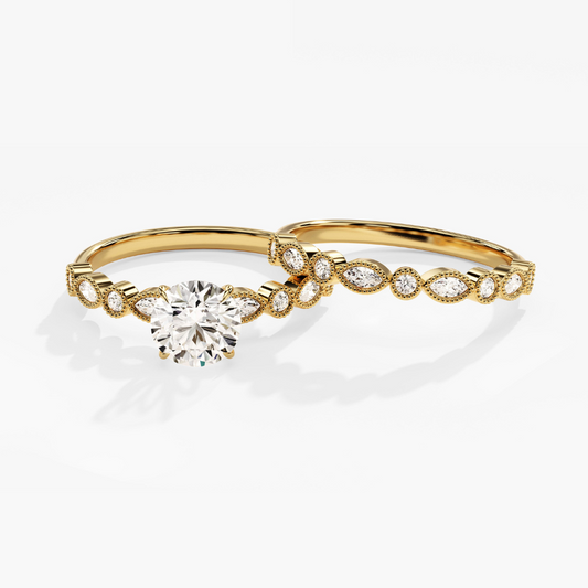 Vintage Milgrain Round Cut Moissanite Engagement Ring Bridal Set