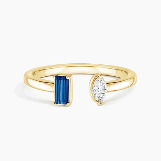 Sapphire Baguette and Marquise Moissanite Toi et Moi Promise Ring