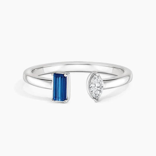 Sapphire Baguette and Marquise Moissanite Toi et Moi Promise Ring
