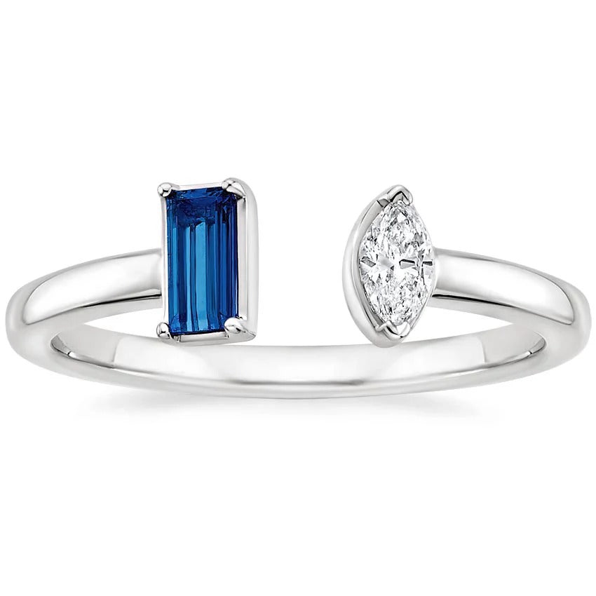 Sapphire Baguette and Marquise Moissanite Toi et Moi Promise Ring