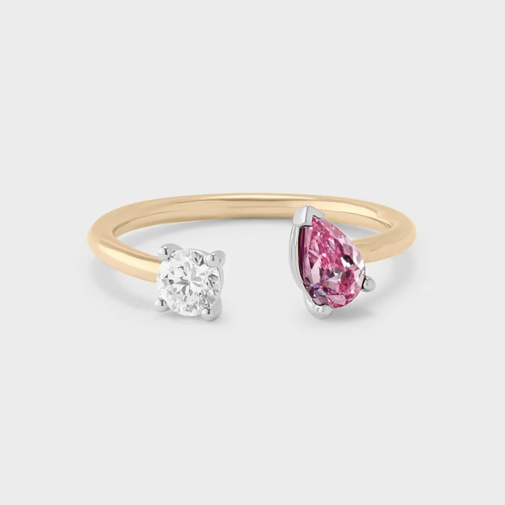 Round Moissanite & Pear Pink Sapphire Toi et Moi Promise Ring